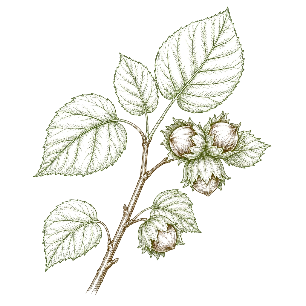 Ilustrație botanică cu ramură de alun și fructe
